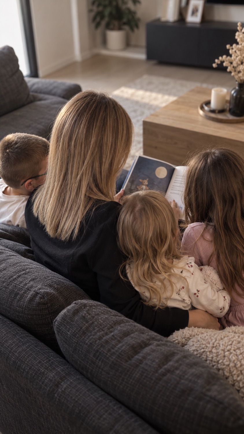 Alicia lit une histoire à ses 3 enfants sur le canapé